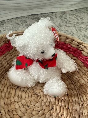 TY White Curly Bear with Red Holiday Bow